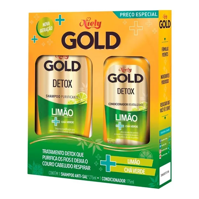 Kit Shampoo 275ml e Condicionador 175ml Detox Limão e Chá Verde Niely Gold