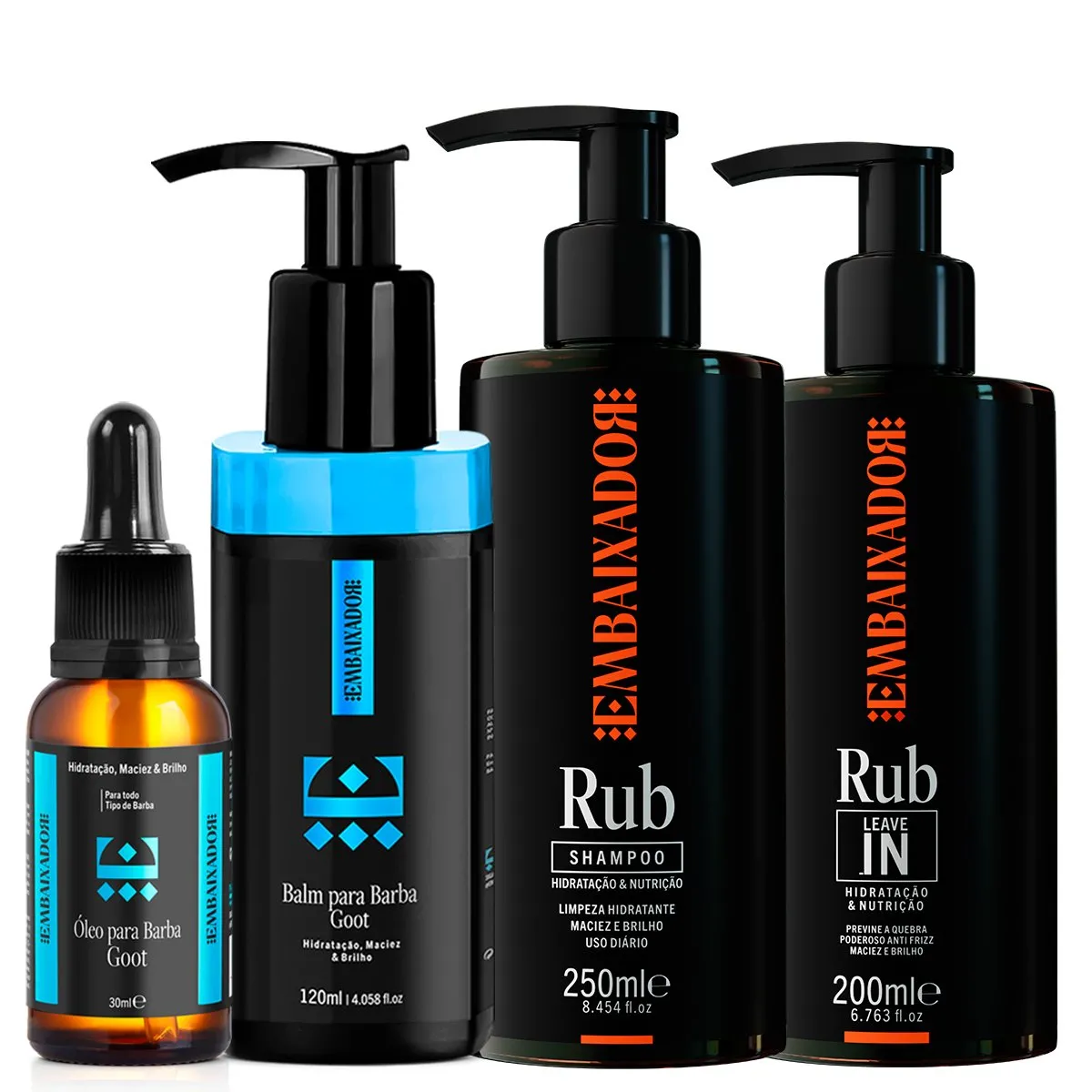 Kit Shampoo + Leave-in Rub + Kit Óleo e Balm Barba Goot Embaixador