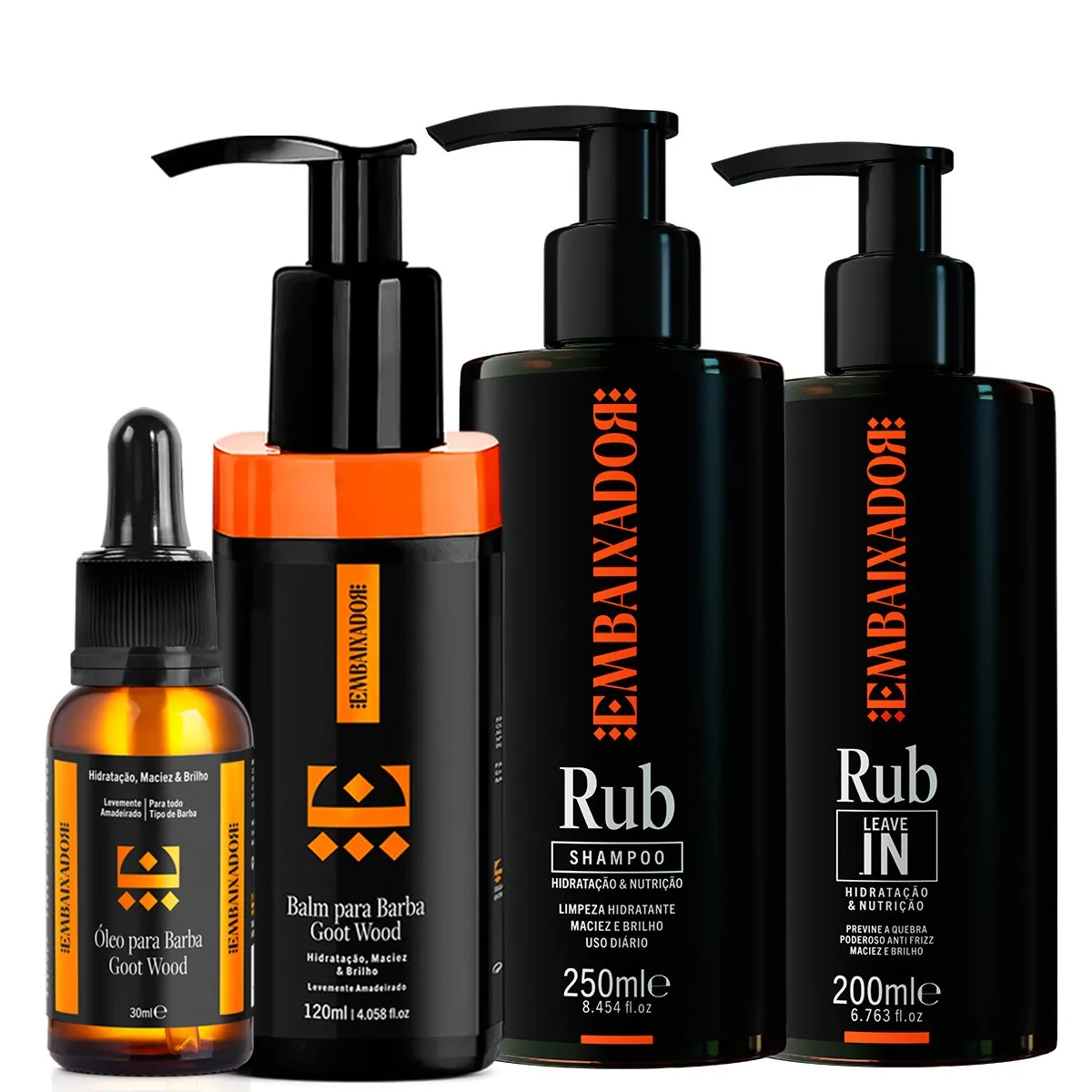 Kit Shampoo + Leave-in Rub + Kit Óleo e Balm Barba Goot Wood Embaixador