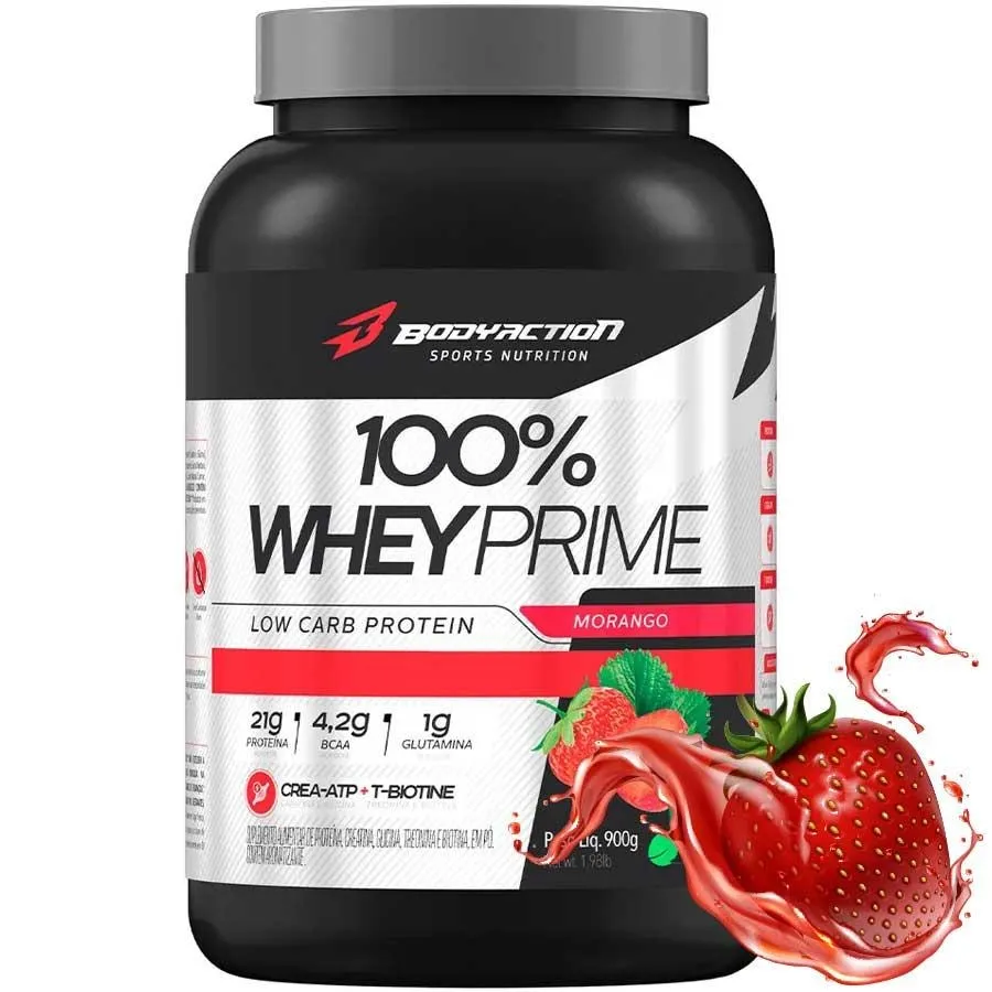 100% Whey Concentrado Prime 21G Proteina 900G Bodyaction - Sabor Morango