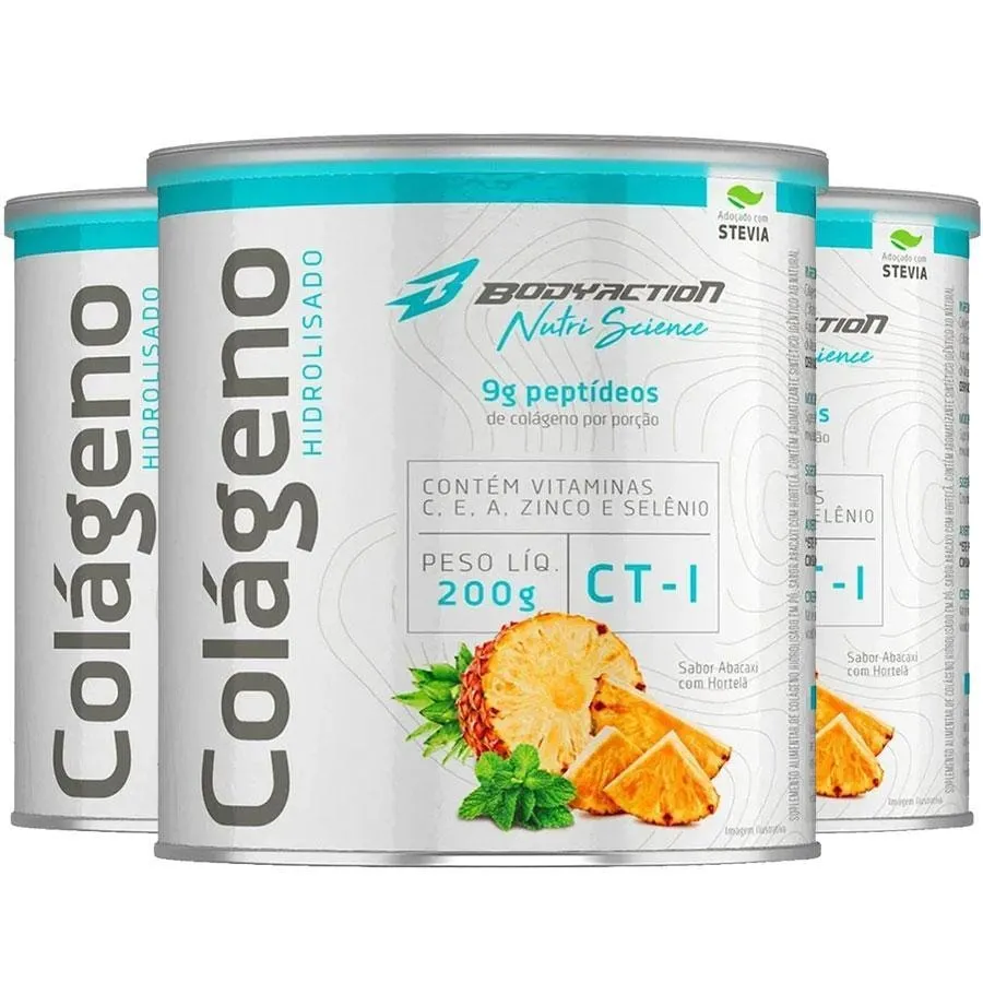 3X Colágeno Hidrolisado Peptídeos Ácido Hialurônico 200G - Abacaxi