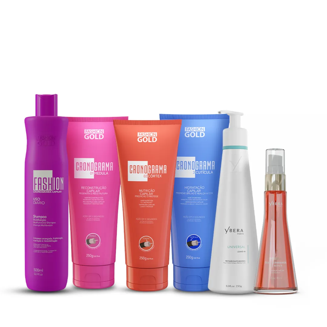 Kit Cronograma Capilar + Shampoo Cronograma 500g + Leave-in Universal 250g + Óleo de Mirra 90ml - Fashion Gold