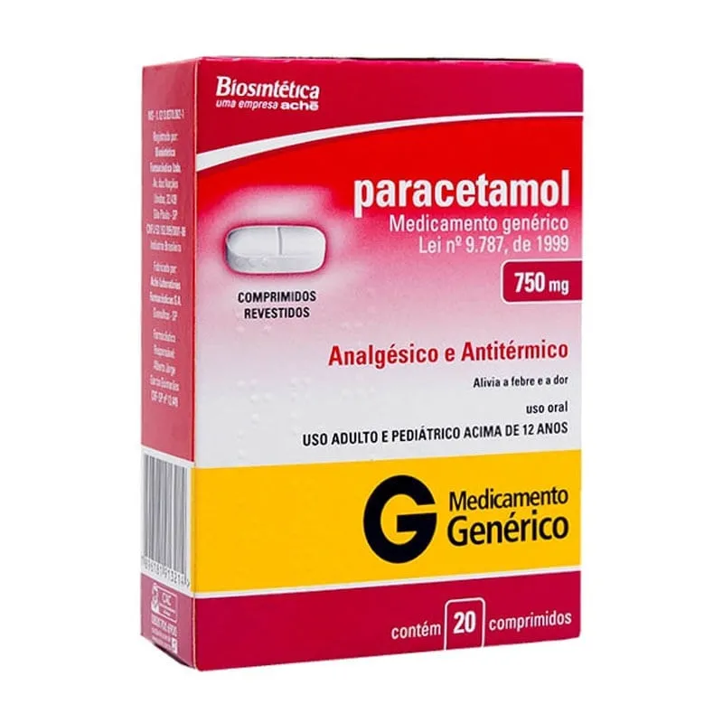 Paracetamol 750mg 20 Comprimidos Genérico Biosintética