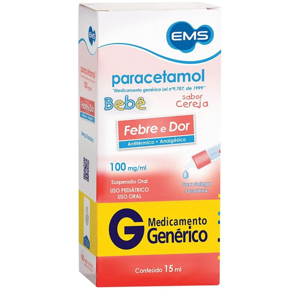 Paracetamol Bebê Gotas Sabor Cereja 100mg 15ml Genérico EMS