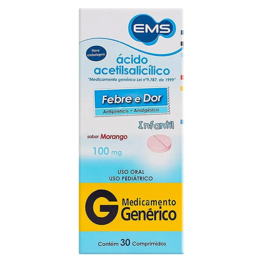 Ácido Acetilsalicílico Morango 100mg 30 Comprimidos