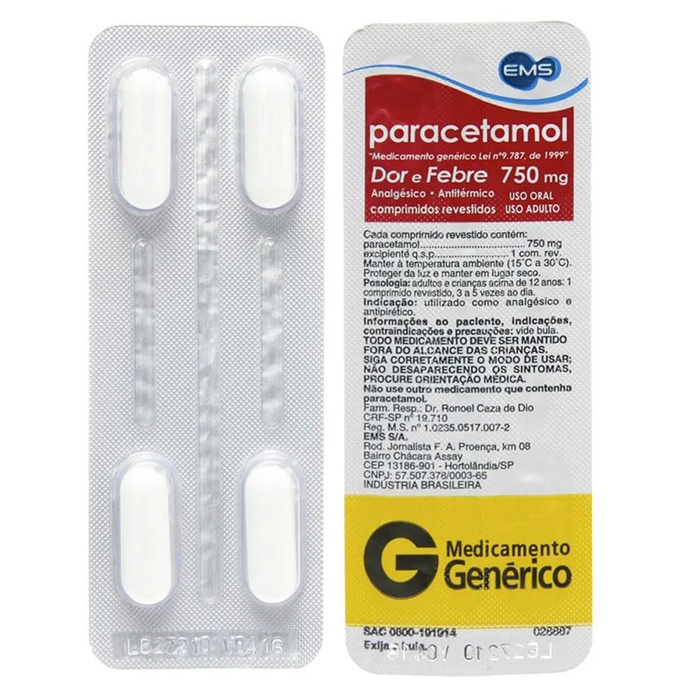 Paracetamol 750mg 4 Comprimidos Genérico EMS