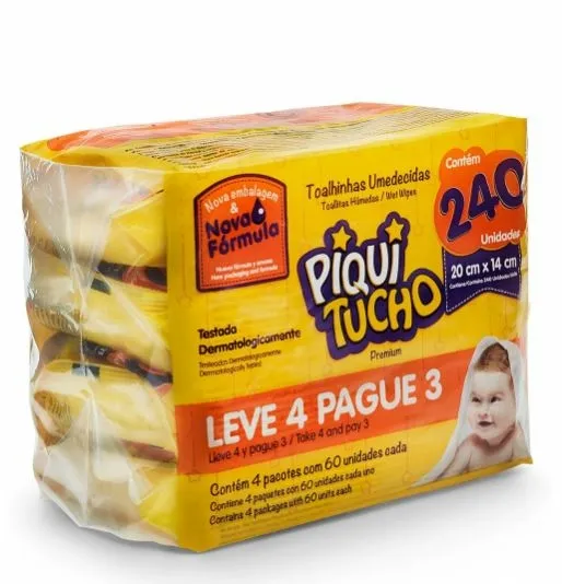 Lenço Umedecido Piquitucho Premium 4 pacotes c/ 60 Unidades cada