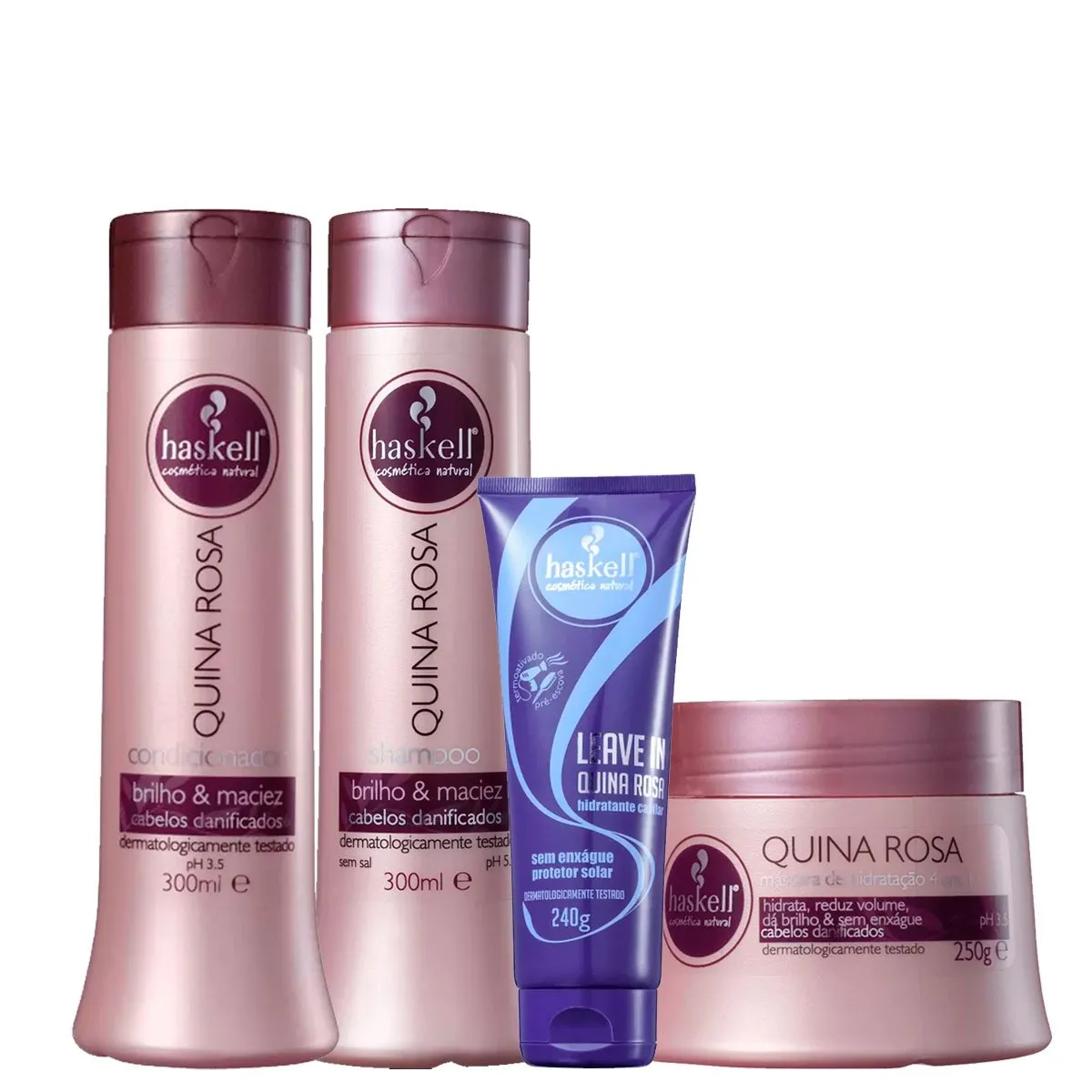 Kit Completo Quina Rosa Para Cabelos Danificados Haskell Reduz Volume 300ml