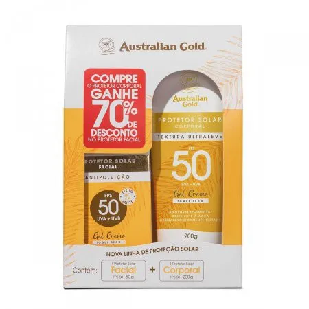 Australian Gold kit Gel Creme Protetor Solar Corporal FPS50 200g + Protetor Solar Facial Gel Creme FPS50 Antipoluição 50g