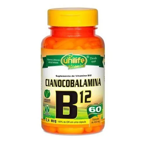 Vitamina B12 Cianocobalamina - Unilife - Frasco com 60 Cápsulas de 450