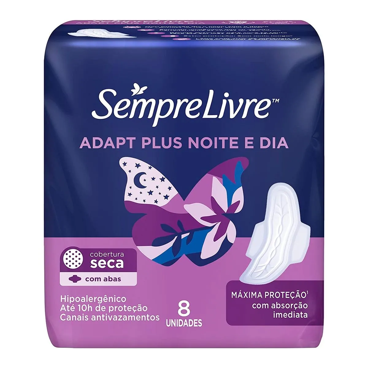 Absorvente Sempre Livre Adapt Plus Noite e Dia Com Abas Cobertura Seca Com 8 Unidades