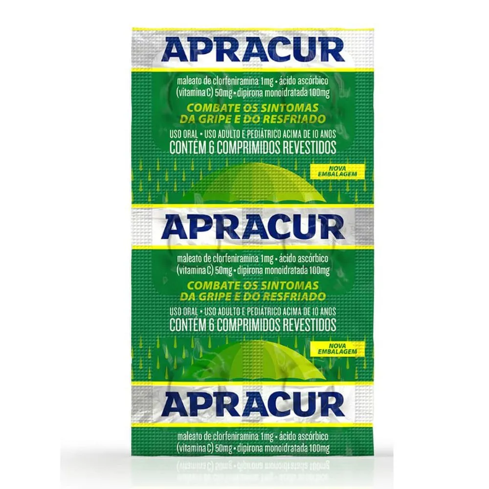 Apracur Maleato de Clorfeniramina 1mg + Ácido Ascórbico 50mg + Dipirona Monoidratada 100mg 6 comprimidos