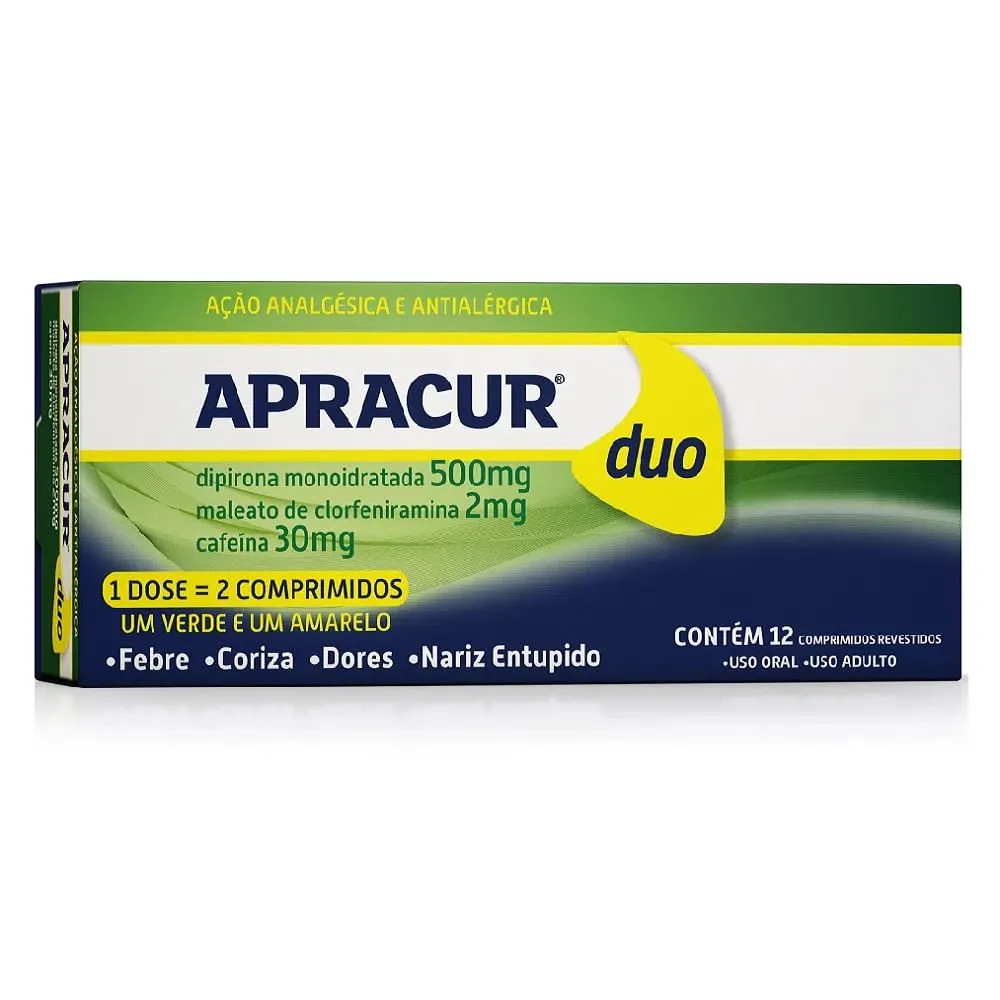 Apracur Duo Dipirona Monoidratada 500mg + Maleato de Clorfeniramina 2mg + Cafeína 30mg 12 comprimidos