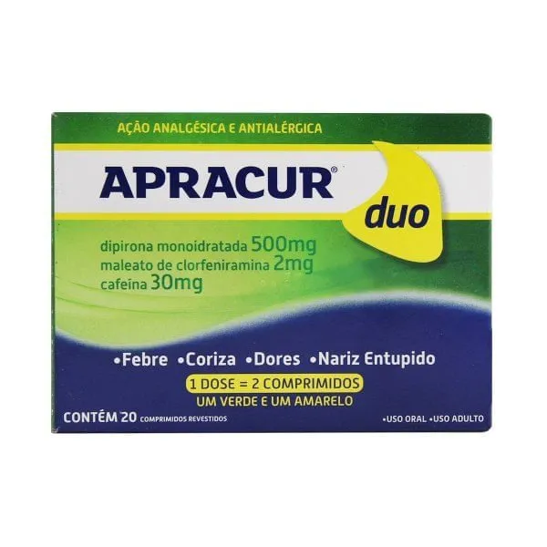 Apracur Duo Dipirona Monoidratada 500mg + Maleato de Clorfeniramina 2mg + Cafeína 30mg 20 comprimidos