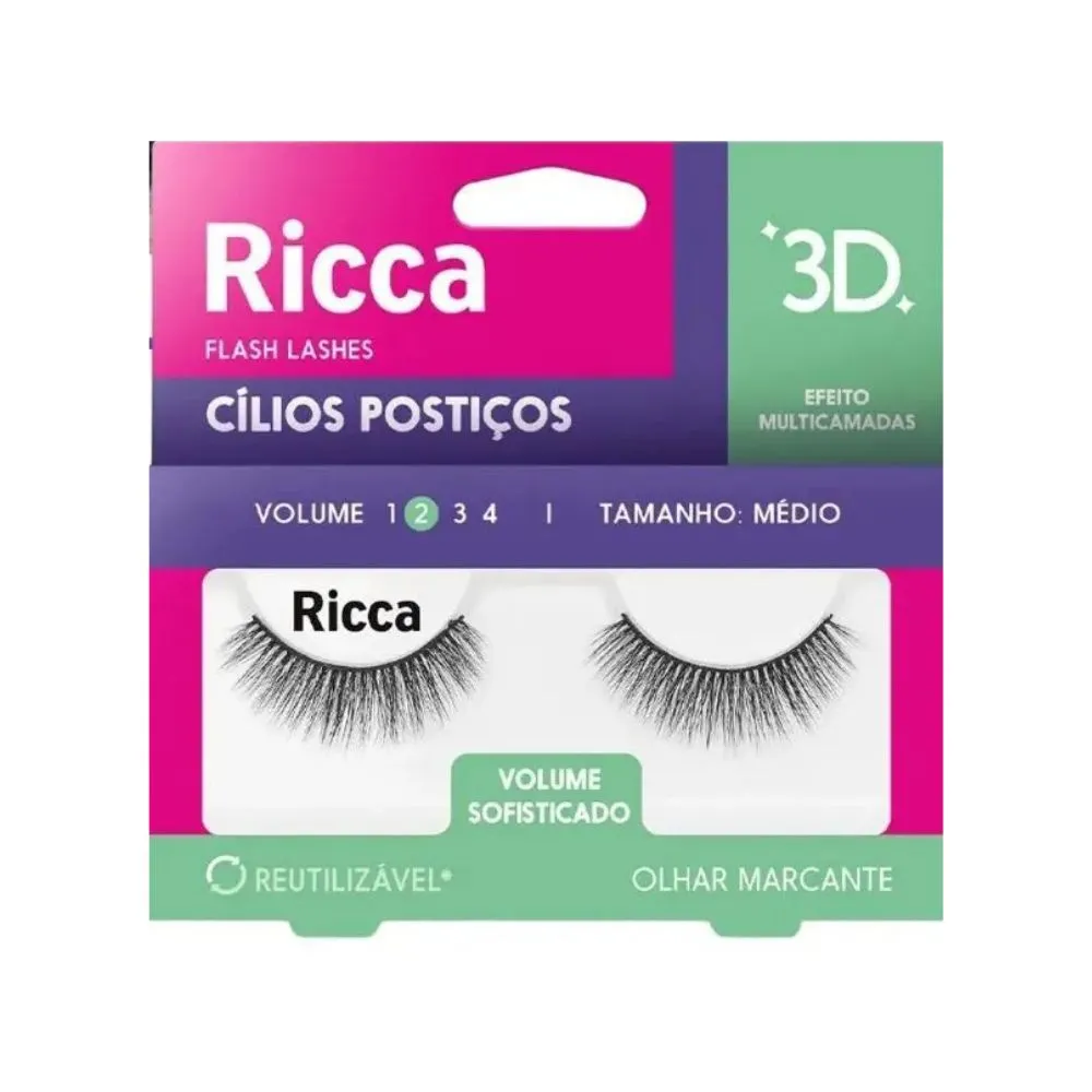 Cílios Postiços Ricca Efeito 3D Tamanho 2 Médio Volume Sofisticado Cód 2685