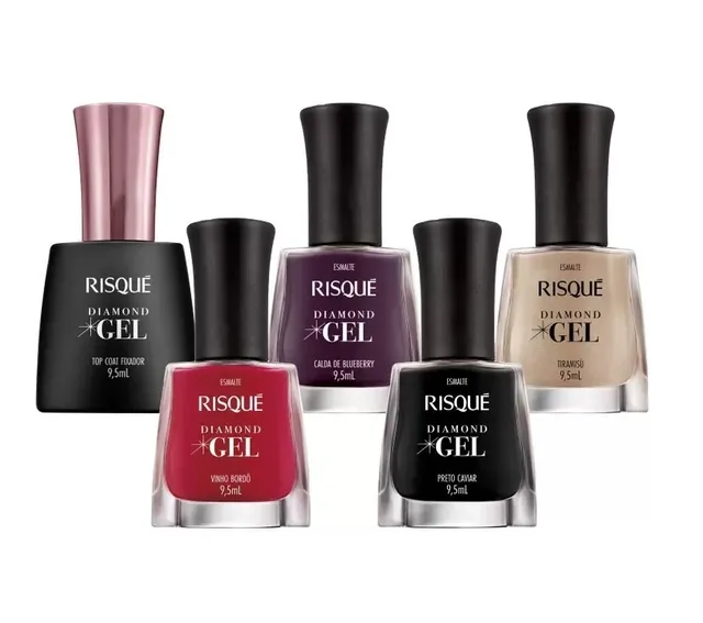 Kit Esmalte Risqué Diamond Gel 9,5ml c/ 4 Unidades + Top Coat Fixador 9,5ml
