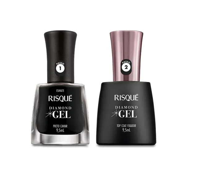 Kit Risqué Esmalte Diamond Gel Preto Caviar + Top Coat Fixador 9,5ml