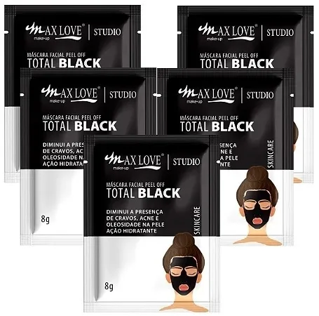 Max Love Mascara Facial Peel Off Total Black Sache Kit C/ 5 Unid
