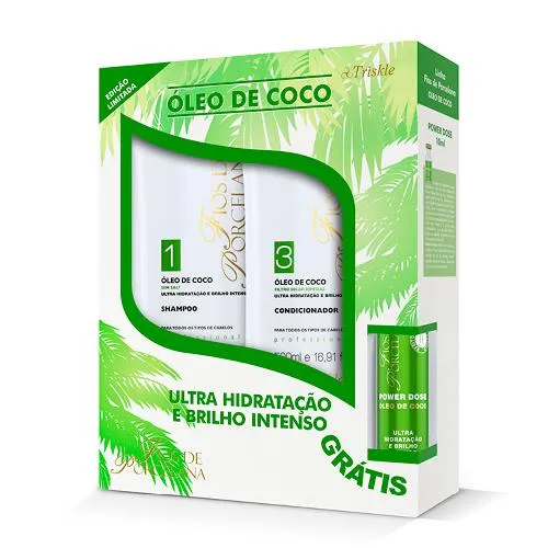 Kit triskle fios de porcelana óleo de coco shampoo + condicionador + power dose