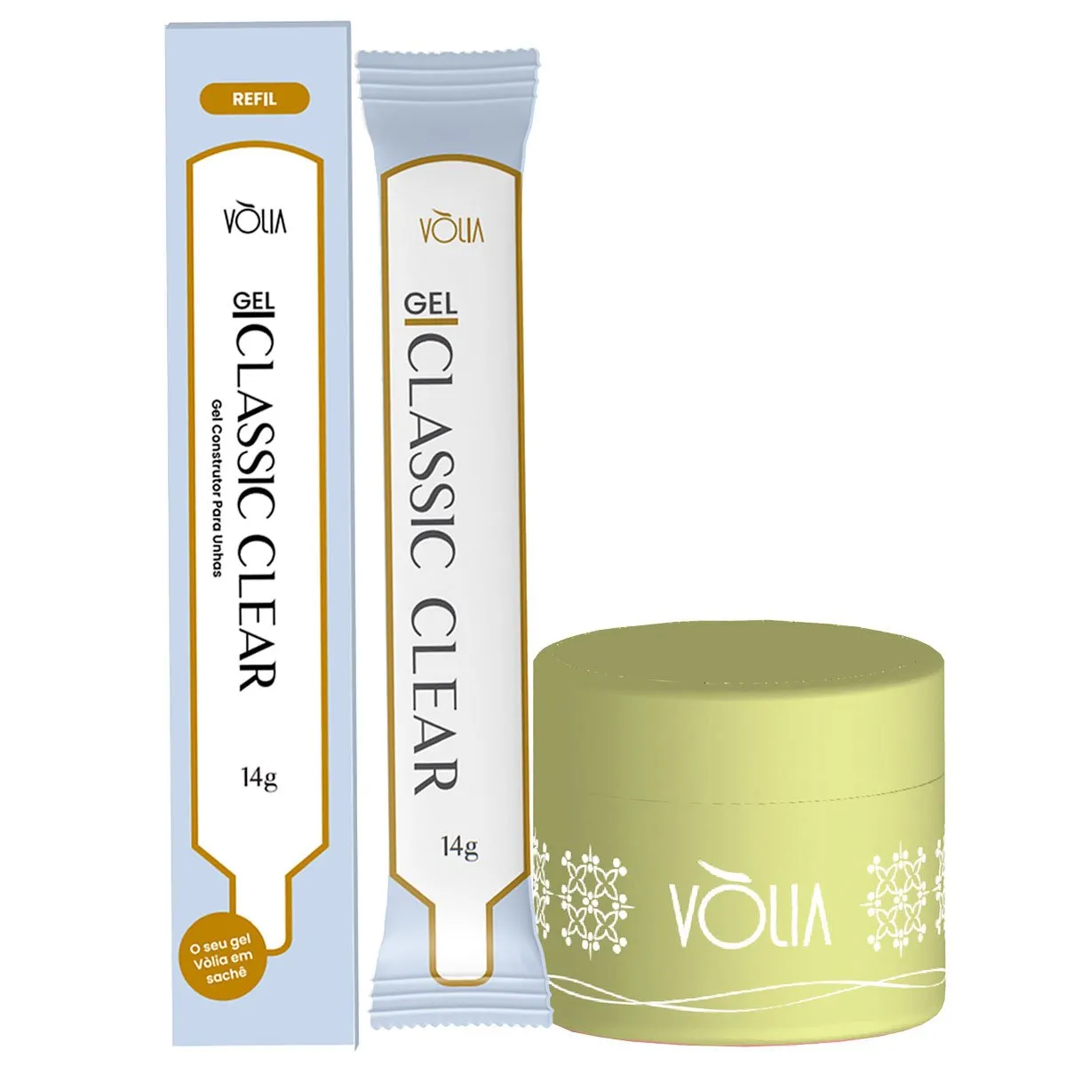 Refil Sachê Gel Classic Clear Auto Nivelante Vòlia 14g + Pote Reutilizável Amarelo