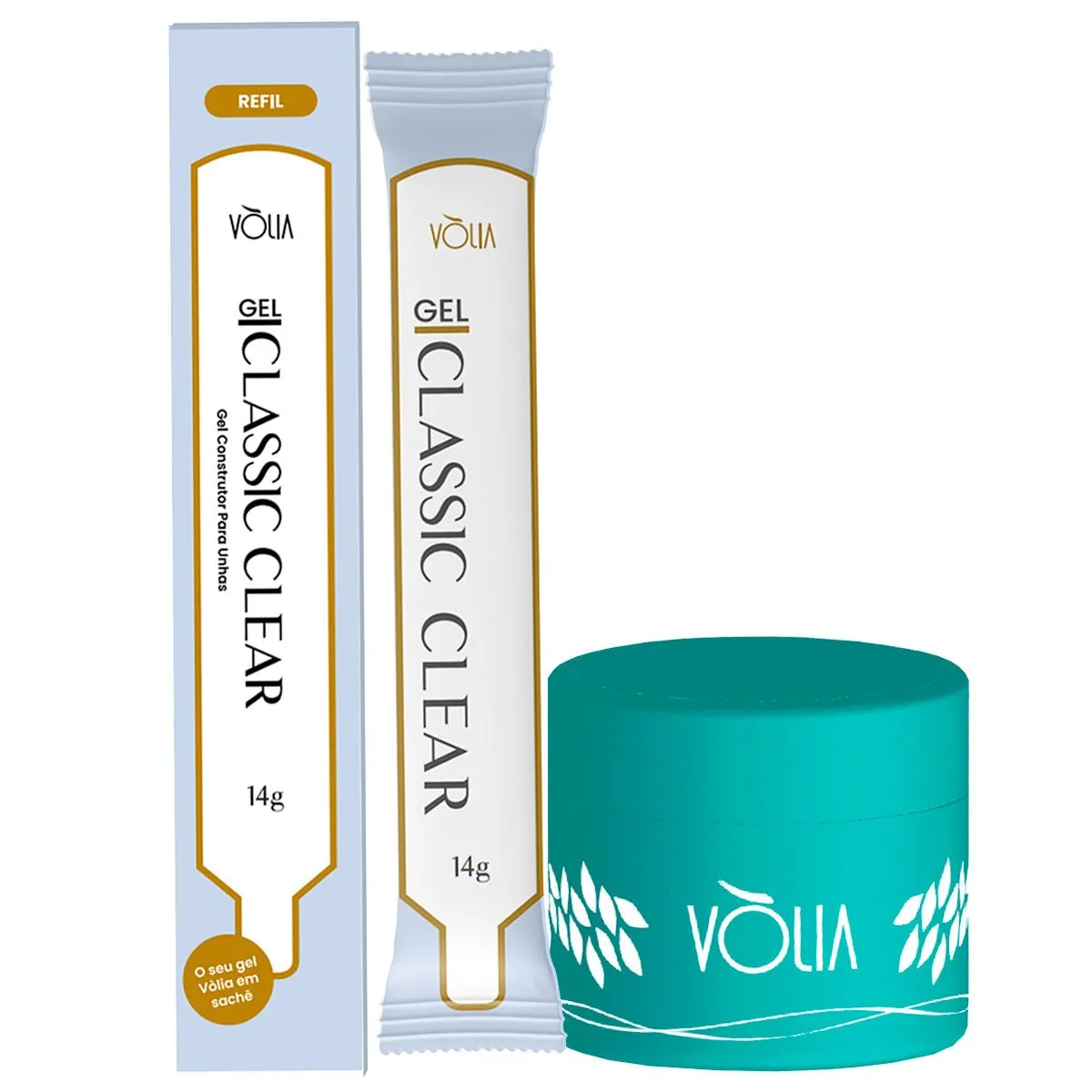 Refil Sachê Gel Classic Clear Auto Nivelante Vòlia 14g + Pote Reutilizável Azul Turquesa