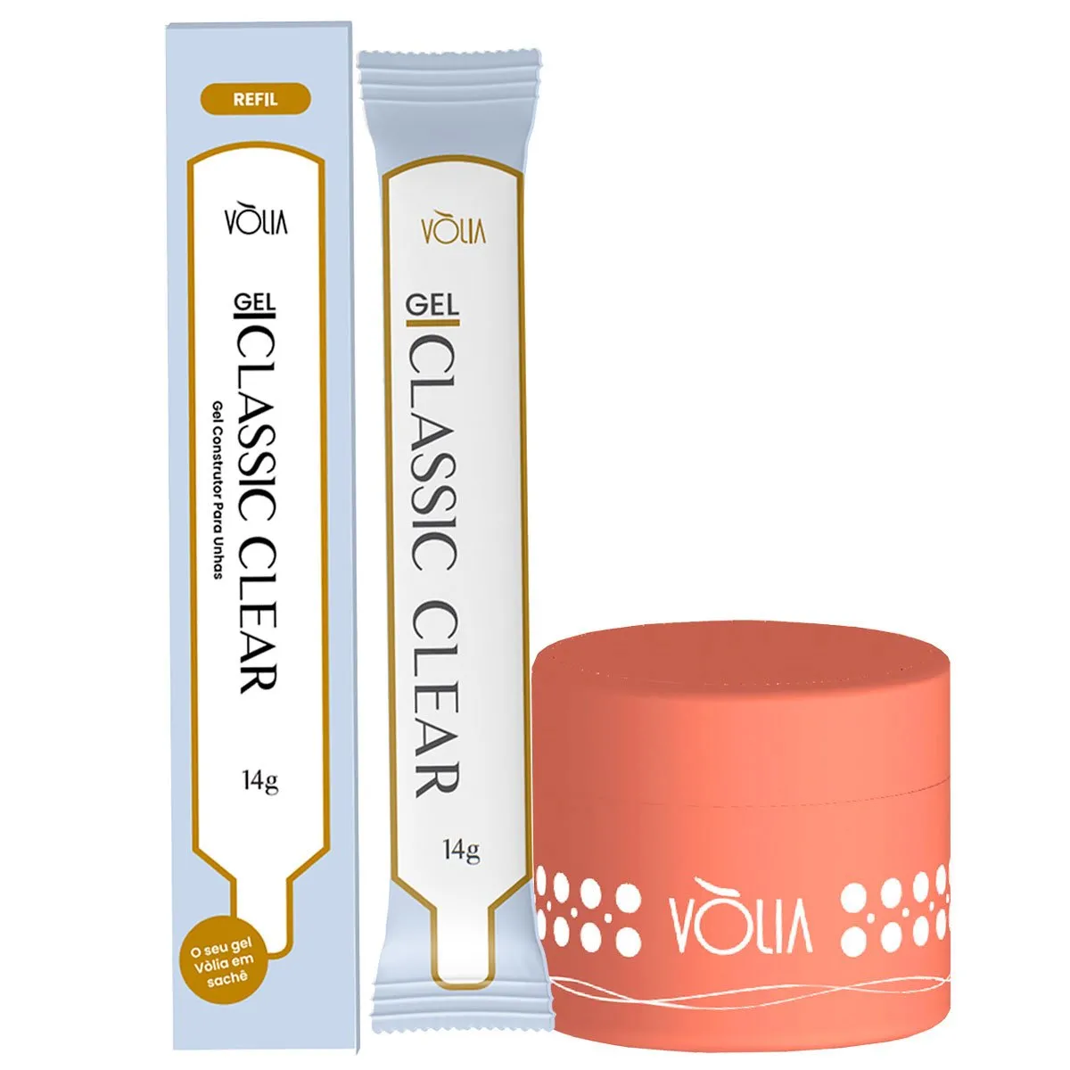 Refil Sachê Gel Classic Clear Auto Nivelante Vòlia 14g + Pote Reutilizável Laranja