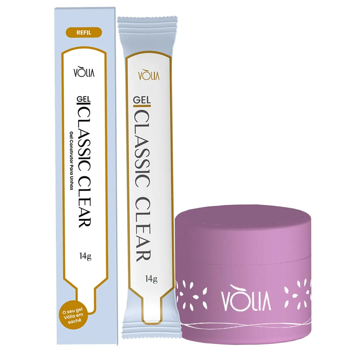 Refil Sachê Gel Classic Clear Auto Nivelante Vòlia 14g + Pote Reutilizável Lilás