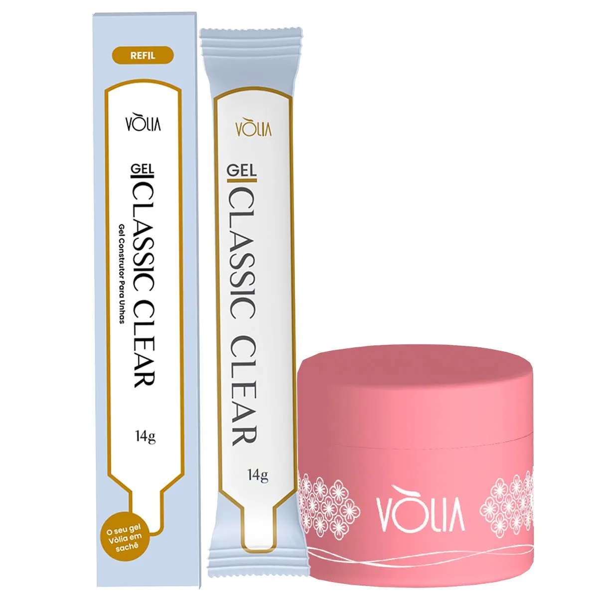 Refil Sachê Gel Classic Clear Auto Nivelante Vòlia 14g + Pote Reutilizável Rosa