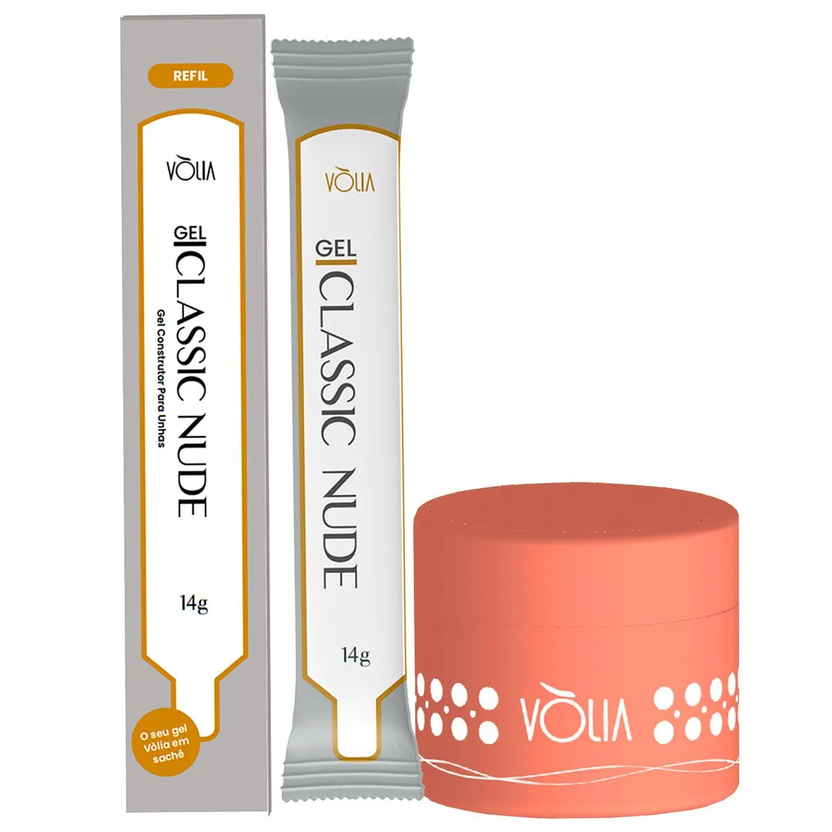 Refil Sachê Gel Classic Nude Auto Nivelante Vòlia 14g + Pote Reutilizável Laranja