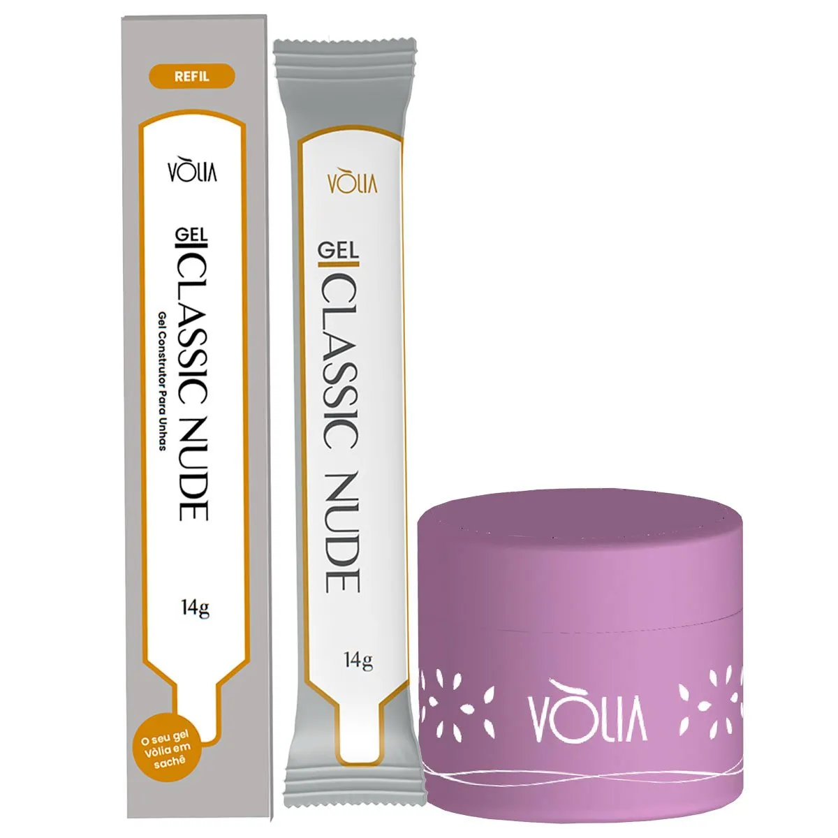 Refil Sachê Gel Classic Nude Auto Nivelante Vòlia 14g + Pote Reutilizável Lilás