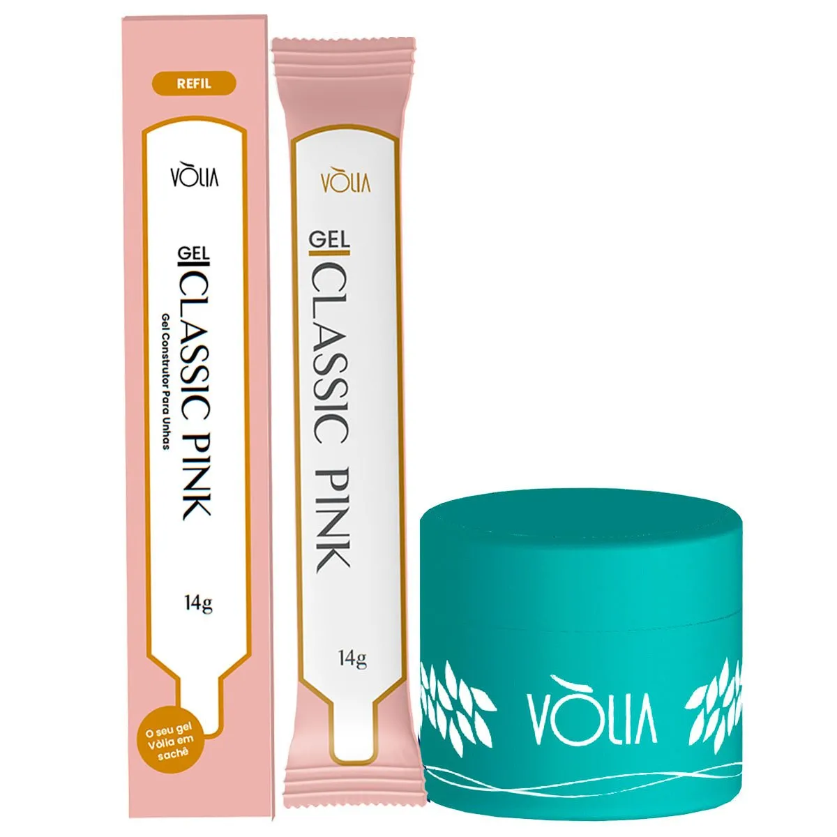Refil Sachê Gel Classic Pink Auto Nivelante Vòlia 14g + Pote Reutilizável Azul Turquesa