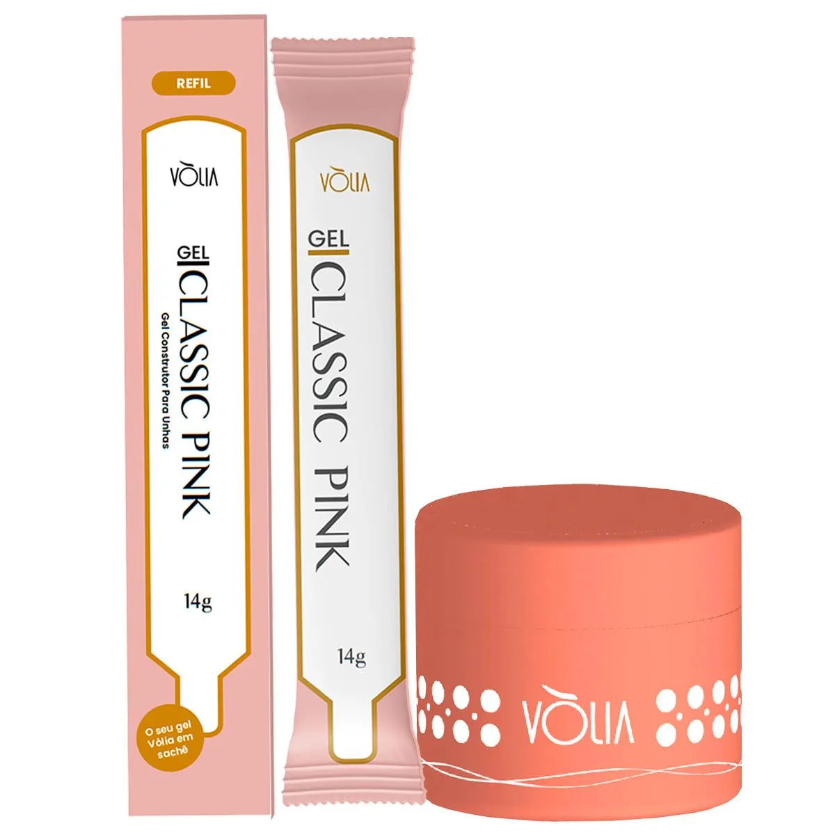 Refil Sachê Gel Classic Pink Auto Nivelante Vòlia 14g + Pote Reutilizável Laranja