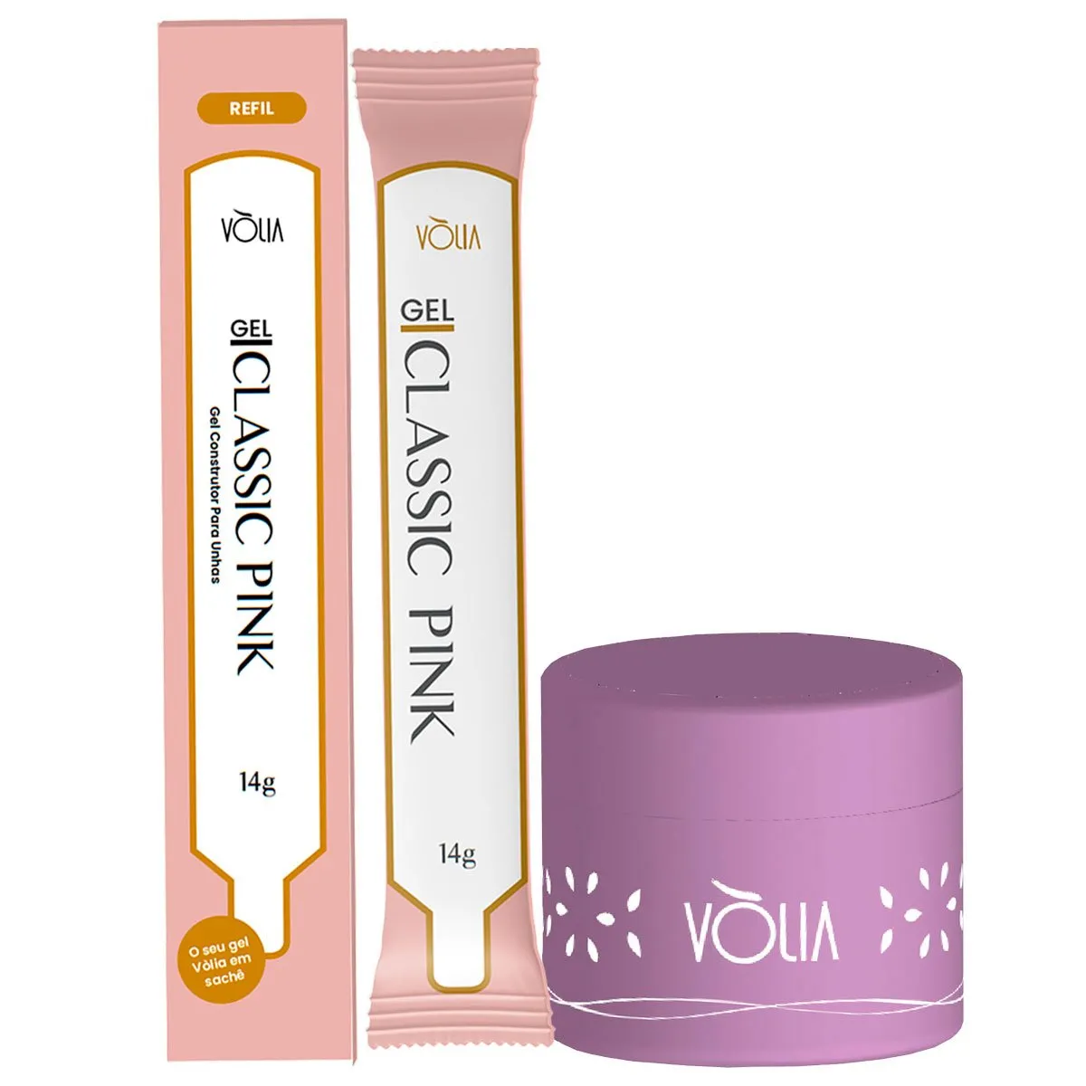 Refil Sachê Gel Classic Pink Auto Nivelante Vòlia 14g + Pote Reutilizável Lilás