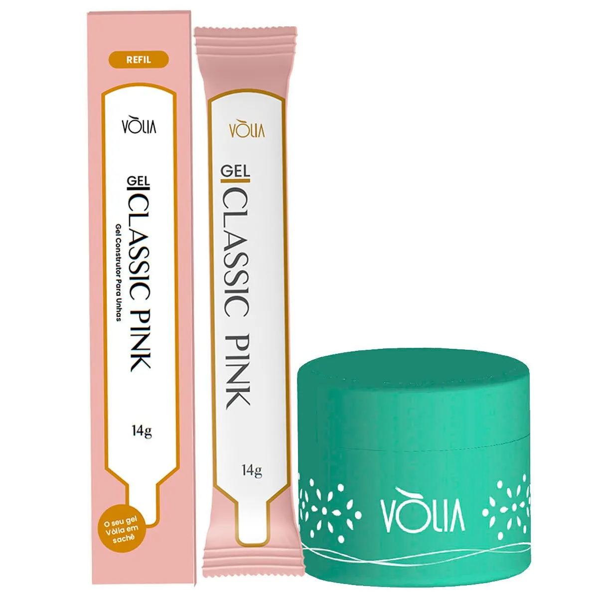 Refil Sachê Gel Classic Pink Auto Nivelante Vòlia 14g + Pote Reutilizável Verde