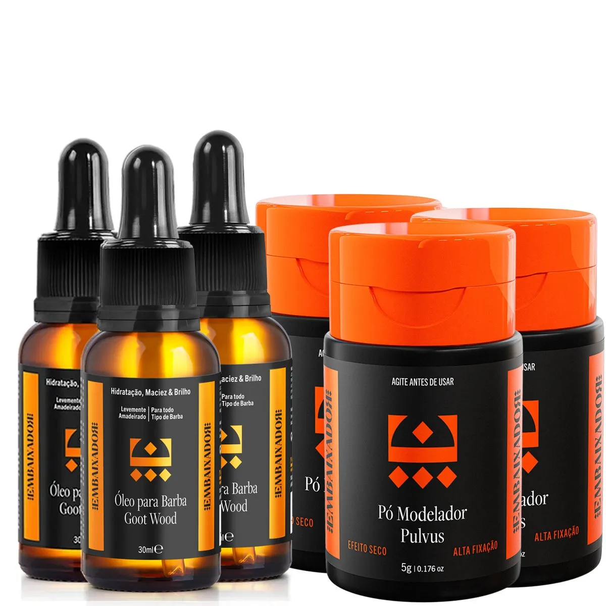 Kit 03 Óleo Barba Goot Wood + 03 Pomada em Pó Pulvus Embaixador 30ml