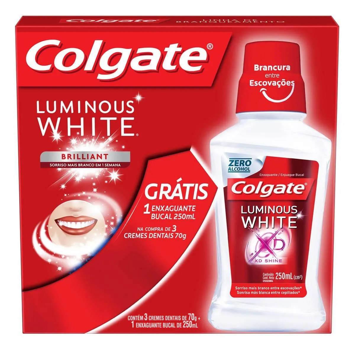 Kit Creme Dental Colgate Luminous White Com 3 Unidades + Enxaguante Bucal 250ml
