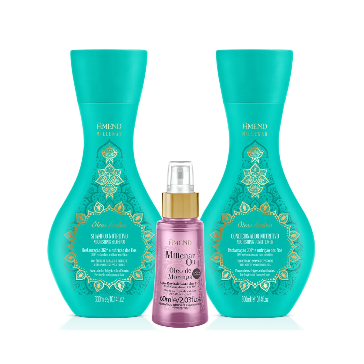 Amend Millenar Óleos Árabes Sh 250ml + Cond 250ml + Millenar Oil Moringa 60ml | By Linda