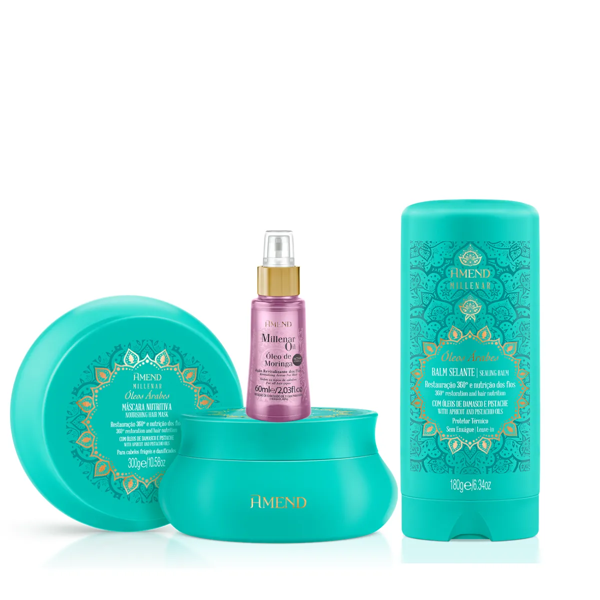 Amend Millenar Óleos Árabes Masc 300ml + Balm Selante 180ml + Millenar Oil Moringa 60ml | By Linda