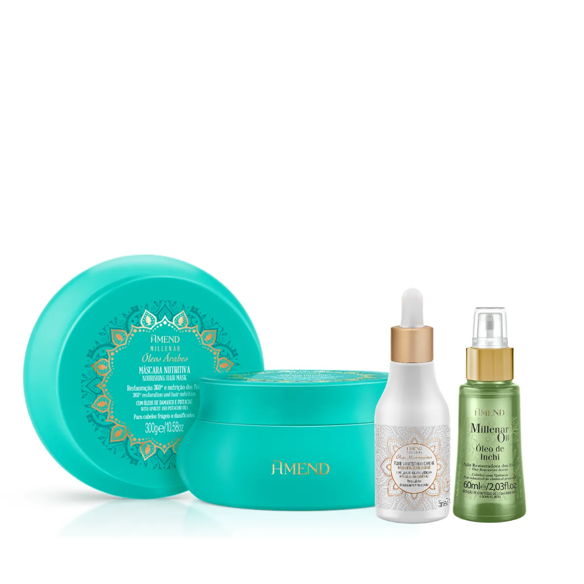 Amend Millenar Óleos Árabes Masc 300ml + Óleo Elixir Nutritivo 75ml + Millenar Oil Inchi 60ml | By Linda