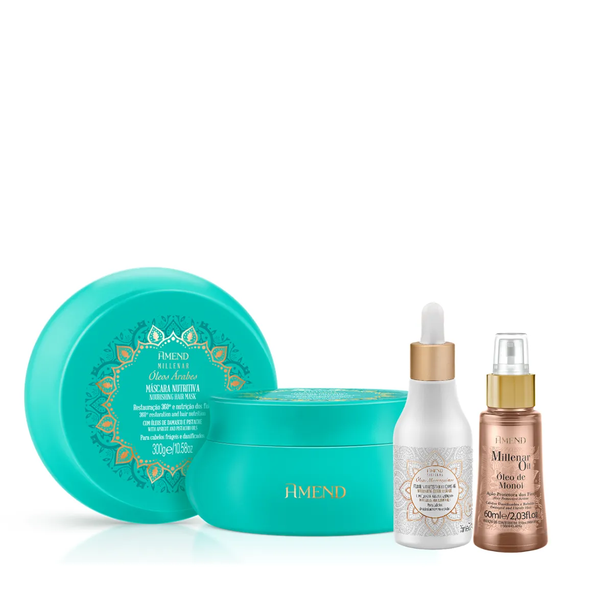 Amend Millenar Óleos Árabes Masc 300ml + Óleo Elixir Nutritivo 75ml + Millenar Oil Monói 60ml | By Linda