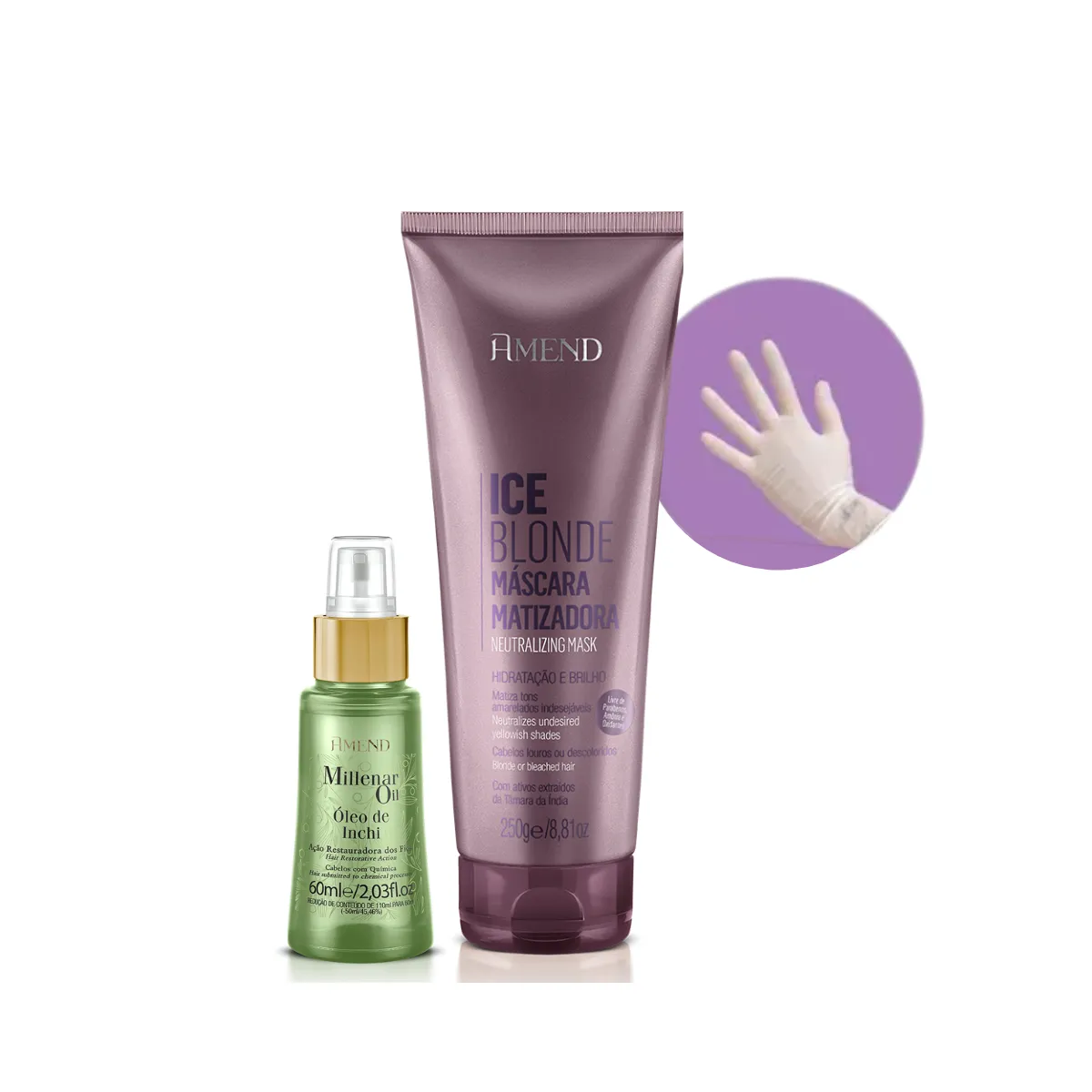 Amend Mascara Matizadoras Ice Blonde + Millenar Oil Inchi 60ml + Luva | By Linda