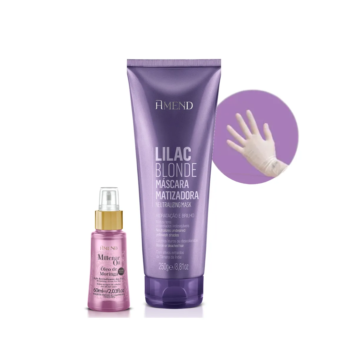 Amend Mascara Matizadoras Lilac Blonde 250ml + Millenar Oil Moringa 60ml + Luva | By Linda