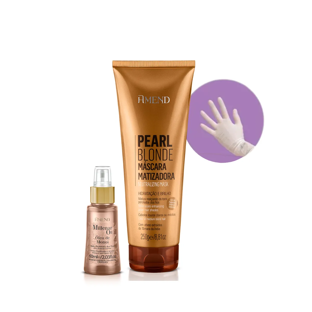 Amend Mascara Matizadoras Pearl Blonde 250ml + Millenar Oil Monói 60ml + Luva | By Linda