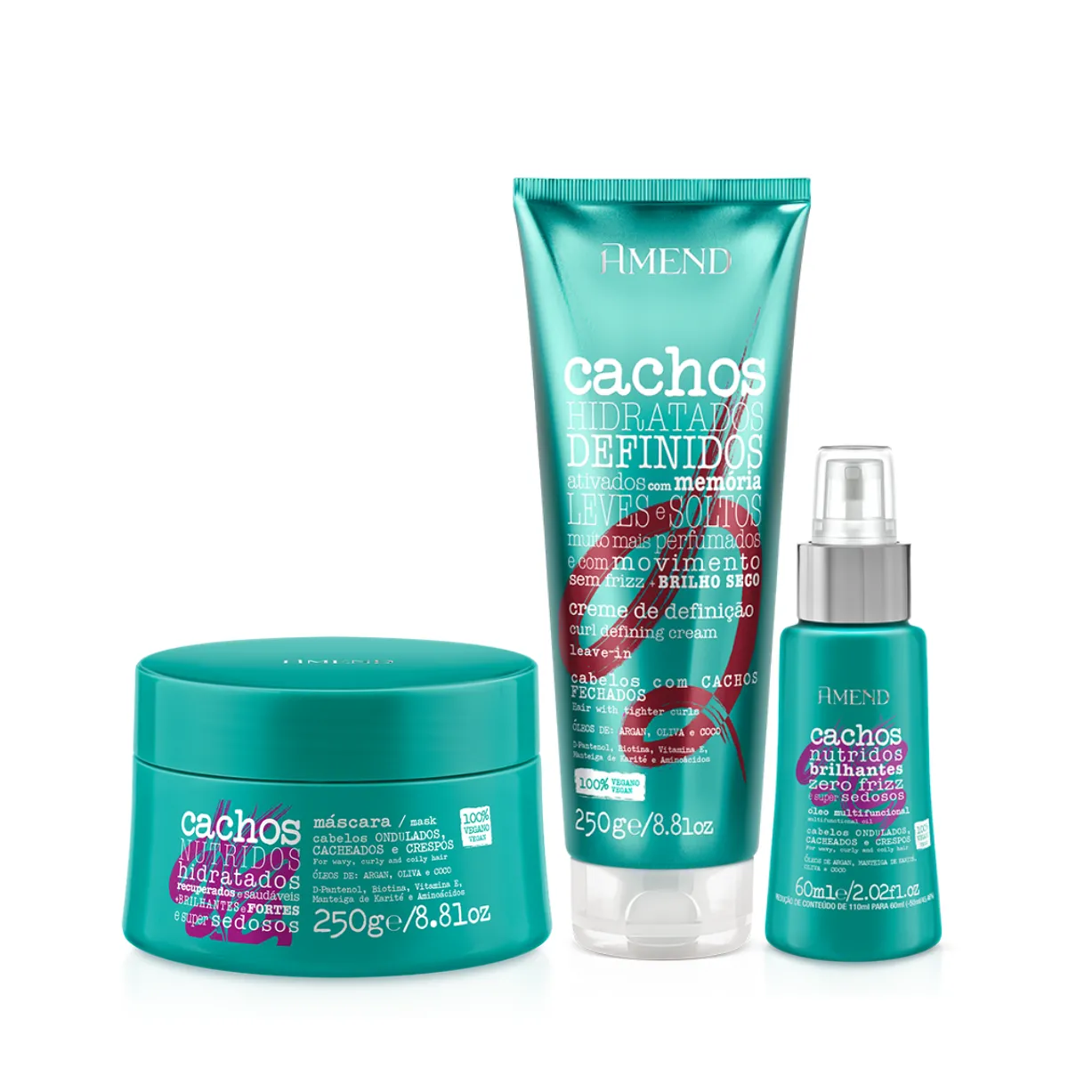 Amend Cachos Masc 250ml + Leave-in Cacheado 250ml + Óleo Multifuncional 60ml | By Linda