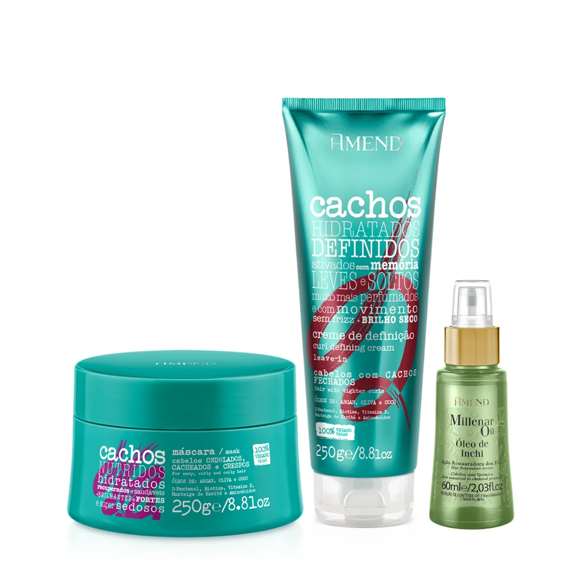 Amend Cachos Masc 250ml + Leave-in Cacheado 250ml + Millenar Oil Inchi 60ml | By Linda
