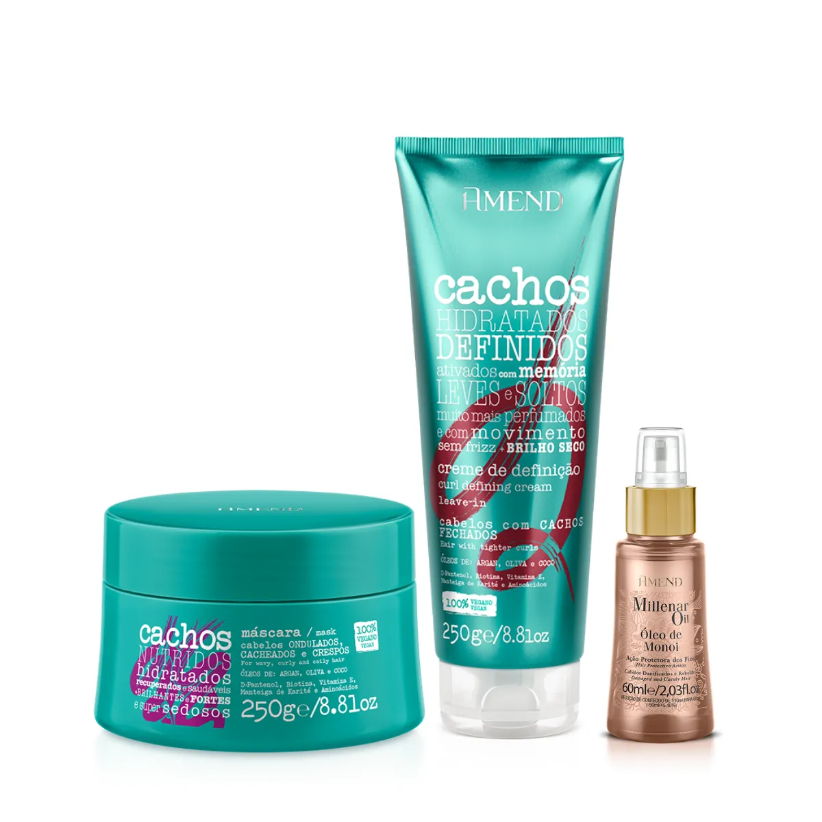 Amend Cachos Masc 250ml + Leave-in Cacheado 250ml + Millenar Oil Monói 60ml | By Linda
