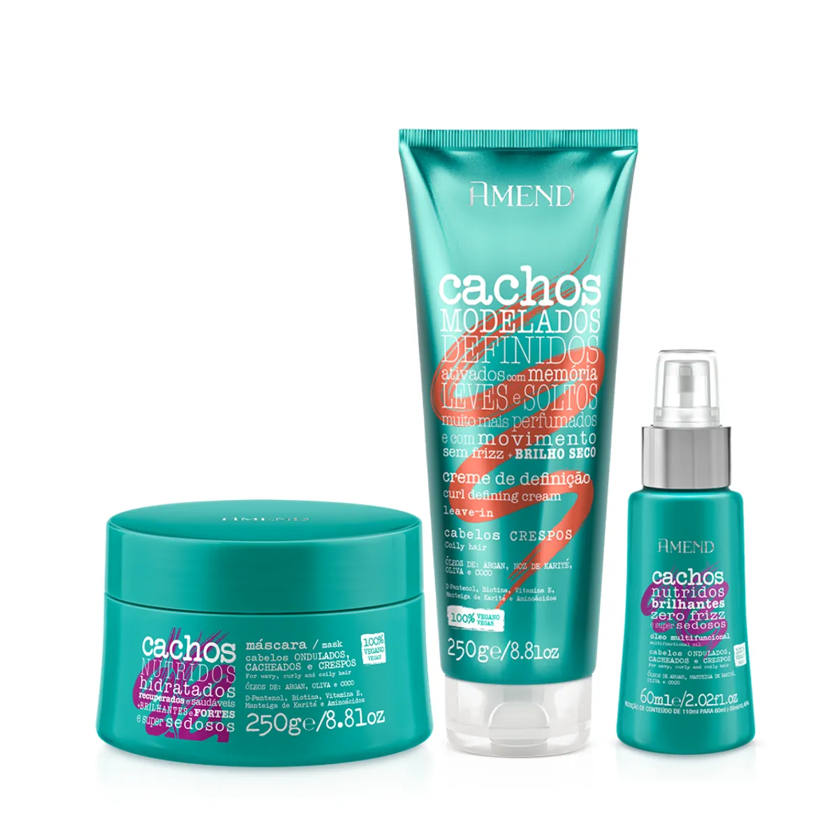 Amend Cachos Masc 250ml + Leave-in Crespo 250ml + Óleo Multifuncional 60ml | By Linda