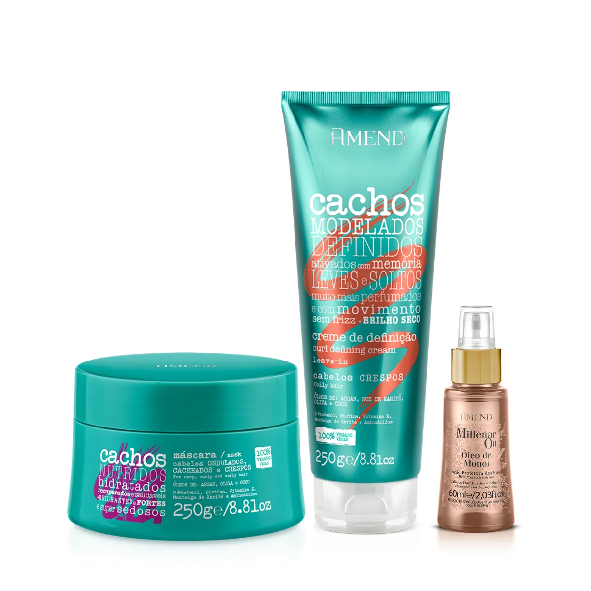 Amend Cachos Masc 250ml + Leave-in Crespo 250ml + Millenar Oil Monói 60ml | By Linda