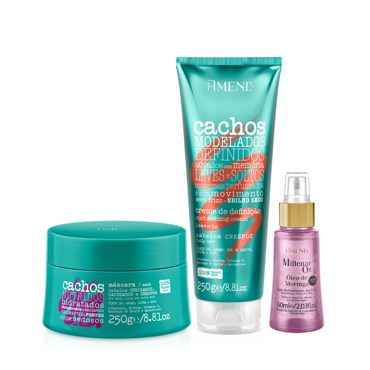 Amend Cachos Masc 250ml + Leave-in Crespo 250ml + Millenar Oil Moringa 60ml | By Linda