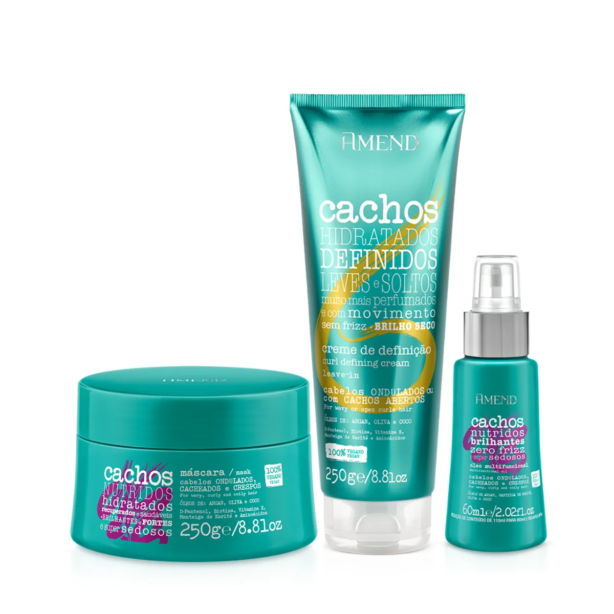 Amend Cachos Masc 250ml + Leave-in Ondulado 250ml + Óleo Multifuncional 60ml | By Linda